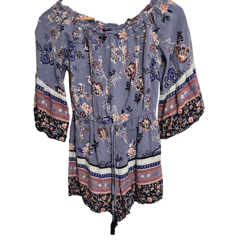 ANGIE Off Shoulder Floral Print Romper Tassel Drawstring Bell Sleeve Size S Boho - Picture 1 of 5